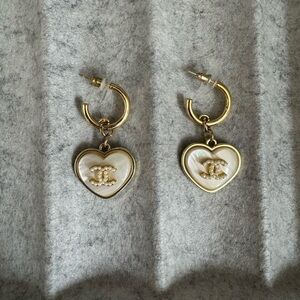 Gold Heart CC Drop Earrings with Pearl Inlay - Designer Logo Accent
